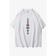 Startmore Unisex Beyaz 9 Gezegen Baskılı Oversize Bisiklet Yaka Tshirt Beyaz