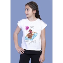 Toontoy Kids Toontoy Kız Çocuk Garni Detaylı Taş İşlemeli Baskılı Tişört Ekru