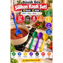 4'lü Set Mavi Yeşil Mor Sarı, Büyük Boy Silikon Kaşık Seti 27 Cm, Mutfak Yemek Pişirme Servis Kaşığı
