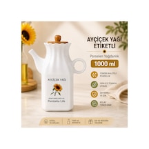 Porselen 1000 Ml Ayçiçek Etiketli Kare Yağdanlık Yağlık Beyaz Beyaz