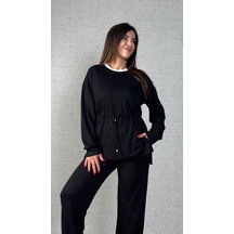 Kadın Uzun Kollu Yaka Ve Büzgü Detay Tunik Ve Pantolon Ikili Takım Siyah