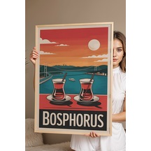 İstanbul Boğazı Tablo - Bosphorus Retro Travel Poster - Çay Keyfi Manzaralı Duvar Dekoru - Çerçeveli Kayın