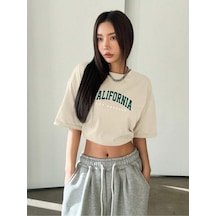 Uyguntarz Unisex Californıa Baskılı Tasarım Tshirt Bej