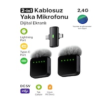Lightining Type-c Girişli 200mah Dijital Ekranlı 2.4g Kablosuz Çift Yaka Mikrofonu Pro++
