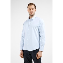 İmza Mavi Kendinden Desenli Sert Yaka Uzun Kol Cepsiz Slim Fit Pamuklu Gömlek 1004255229 Mavi