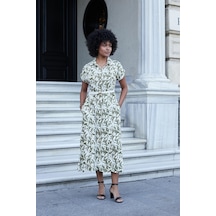 Kadın Desenli Yakalı Düşük Omuzlu Duble Kol Kemerli Midi Boy Elbise Deri Kemer Dahil -haki Çiçek Haki Ç.