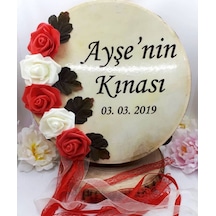 32 Cm Çiçek Süslemeli Kurdelalı Deri Tef Isim Baskılı