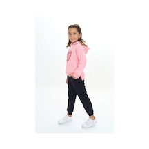 Toontoy Kids Toontoy Kız Çocuk 2'li Takım Baskılı Kapüşonlu Sweatshirt & Beli Paçası Lastikli Jogger Eşofman Altı - Renk Bloklu & 3 İplik Şardonlu Pembe