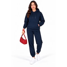 Justas Kadın Lacivert Kapüşonlu Kanguru Cepli 3 İplik Şardonlu Sweatshirt