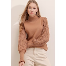Kadın Camel Yarım Balıkçı Kolu Dantel Detaylı Kazak Camel
