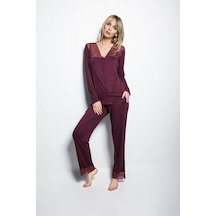 Monamise 19230 Kadın Uzun Kollu Pijama Takım-bordo Bordo