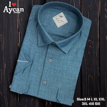 Linen Keten Klasik Kısa Kollu İki Cepli Kapaklı Mavi Baba Gömleği Regular Kalıp -10255 Mavi