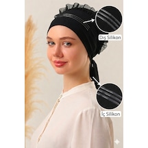 Melodi Scarf Çift Silikonlu Kaymayan Kaymaz Fırfırlı Bone - Eşarp Şal Başörtü Kaydırmayan Kaymaz Bantlı Bone Siyah