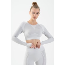 Maraton Active Slimfit Kadın Bisiklet Yaka Uzun Kol Fitness Ekru Crop Top 816013 Ekru