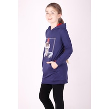 Toontoy Kız Çocuk Bereli Kız Baskılı Kapşonlu Elbise Lacivert