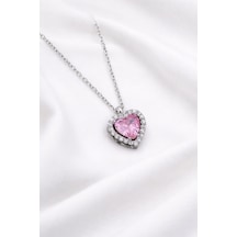 Çekirdekjewelry 925 Ayar Gümüş Zirkon Taşlı Kalplı Kolye Gri Pembe