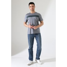 Erkek İki Renk Parçalı Bisiklet Yaka T-shirt - Pamuklu Tişört Gri