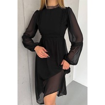 Neşeli Butik Kadın Siyah Midi Boy Astarlı Şifon Elbise Nbk2024 Siyah