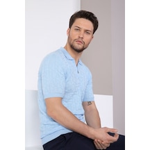 Ferraro Mavi Polo Yaka Fermuarlı Erkek Pamuk Triko T-Shirt-Mavi (417942609) Mavi