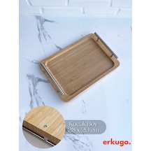 Küçük Boy Bambu Tepsi, Metal Kulplu Tepsi, Kulplu Tepsi, Servis Tepsisi 28 X 20 Cm Kahverengi