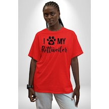 Köpek Sevgisi Rottweiler Pamuklu Bisiklet Yaka Unisex Oversize Boyfriend Dijital Baskılı Kırmızı T-shirt Kırmızı