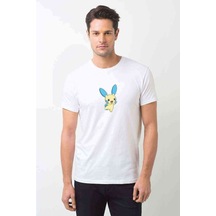 Pokemon Karakter Çizimi Minun Pokemon Baskılı Beyaz Erkek Tshirt
