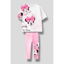 Lolliboomkids Kız Çocuk Sevimli Fare 3d Kurdela Fiyonk Detaylı T-shirt Tayt Alt Üst Takım - 2 Parça Pamuklu Pembe Beyaz Pembe - Beyaz