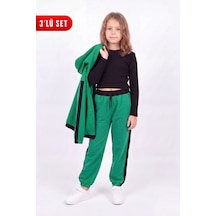 Fyk Kids Kız Çocuk Fitilli Crop Ve Şerit Detaylı Eşofman Takımı Seti Yeşil