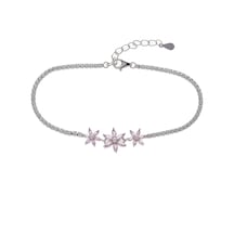 3'lü Çiçek Model Pembe Zirkon Taşlı 925 Ayar Gümüş Kadın Bileklik Gümüş