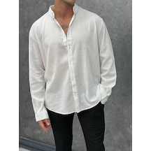 Modefendi Krinkıl Kumaş Oversize Kesim Keten Gömlek Beyaz