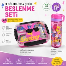 Muzeko Su Mataralı 3 Bölmeli Paslanmaz Çelik Yemek Kabı Sızdırmaz Kapaklı, Suluklu Taşınabilir Beslenme Kabı Mavi 2086 800+600ml Açık Pembe