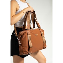 Büyük Boy Omuz Çantası Alışveriş Çantası Shopping Bag 40 35 Cm Saten Kumaş Çapraz Askılı Taba