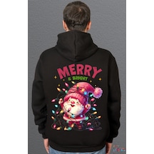 Bumeta 5203 Merry Bright Noel Baba Yılbaşı Sweatshirt Unisex Kapüşonlu Hoodie Siyah