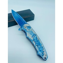 Tobaccotürk724 Kurt Kabartmalı Kamp Bıçak Yarıoto Mavi Metal 20cm Kamp Çakı//ystl2916bl Mavi