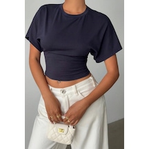 Kadın Lacivert Yarasa Kol Belden Oturtmalı Pamuklu T-shirt Lacivert