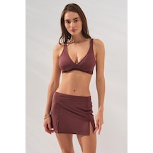 Toffee Fra Yırtmaç Detaylı Etekli Set Üçgen Bikini Takımı Ayarlanabilir Kalın Askılı Kullanışlı Kahverengi