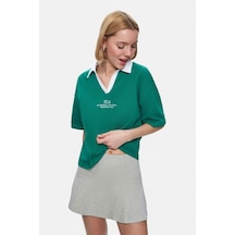 Polly Yeşil Polo Yaka Nakışlı Loose Fit Kadın Tshirt Yeşil