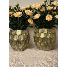 Msl-101 Metal Dekoratif Vazo Seti Büyük 44x44 Cm Küçük 39x37,5 Cm Modern Şık Salon Vazo Altın