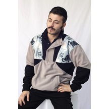 Kadın Erkek  Japon Kedi Desenli Yarım Fermuarlı Polar Sweatshirt