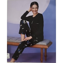 Miss Klein Kadın Büyük Beden Düğme Yaka Pamuklu Likralı Uzun Kol Pijama Takımı 1139 - 1 Adet Siyah