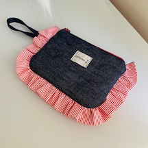 İdiluna Kırmızı Fırfırlı, Kulplu Lacivert Denim Makyaj Çantası / Clutch Lacivert - Kırmızı
