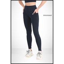 Kadın Lacivert Yüksek Bel Toparlayıcı Çift Cepli Spor Tayt Shades 1057 Lacivert