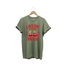 Love You Cherry Much Yazılı Kiraz Baskılı %100 Pamuk Unisex Regular Fit T-shirt Haki