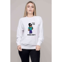 Mine Craft Thug Life Baskılı Beyaz Kadın Sweatshirt