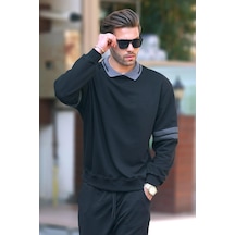 Madmext Siyah Polo Yaka Oversize Kolu Şeritli Erkek Sweatshirt 7048-siyah Siyah