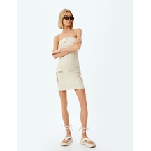 Koton Straplez Elbise Mini Boy Kargo Cepli Gabardin Kumaş Bej 4sak80401ew Ekru