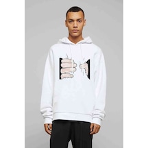 Handpres Baskılı Beyaz Erkek Örme Kapşonlu Sweatshirt