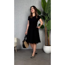 DefyModa Kadın Kısa Kollu V Yakalı Beli Kuşaklı Ithal Keten Elbise Siyah