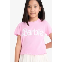 DeFacto Kız Çocuk Barbie Fitted Bisiklet Yaka Ribana Kısa Kollu Tişört E2614A825SMPN666 Pembe