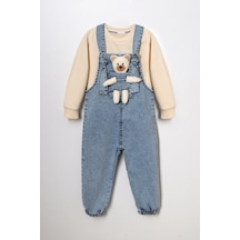 Unisex Çocuk Askısı Bağlamalı Teddy Oyuncaklı 2'li Kot Salopet 001